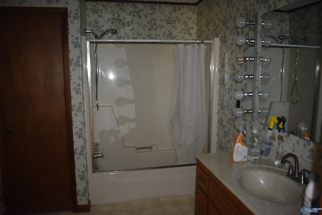 full bathroom with vanity and shower / bath combination with curtain