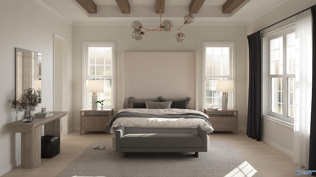 bedroom with light wood-type flooring, multiple windows, and beamed ceiling