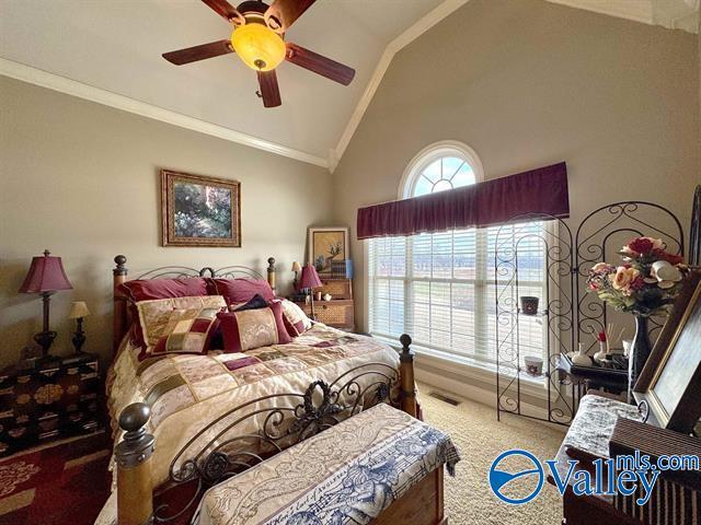 carpeted bedroom featuring ceiling fan, lofted ceiling, and ornamental molding