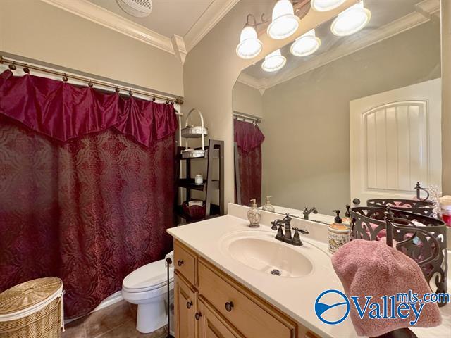 bathroom with tile patterned flooring, vanity, toilet, and ornamental molding