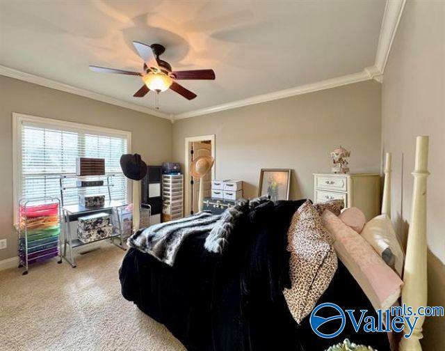 bedroom with ceiling fan, crown molding, and carpet