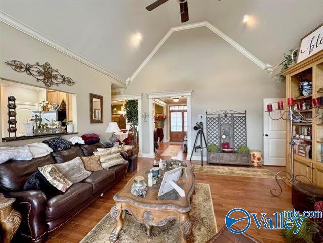 living room with crown molding, hardwood / wood-style floors, and high vaulted ceiling