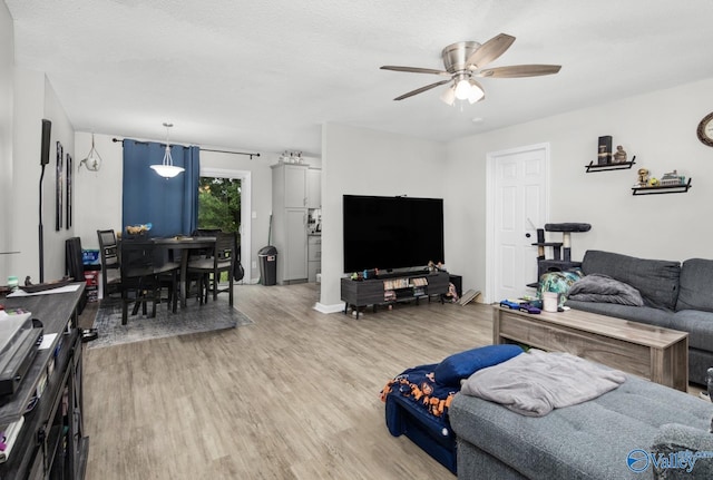 living room featuring a ceiling fan and light wood-style flooring