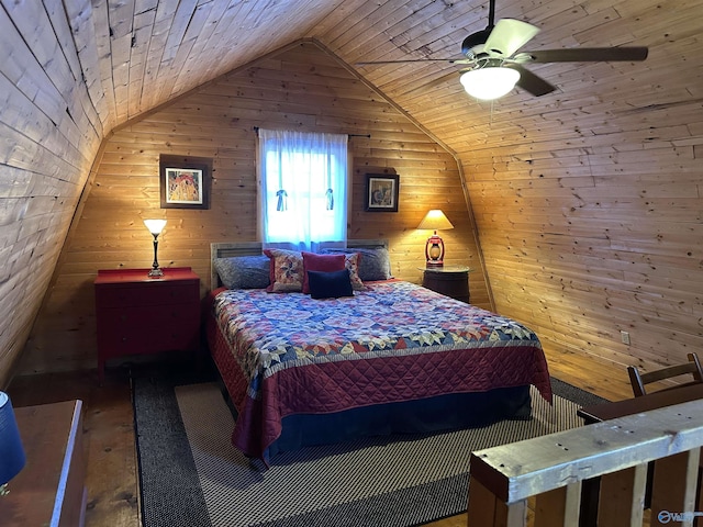 bedroom featuring wooden ceiling, wooden walls, and vaulted ceiling