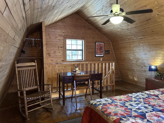 bedroom with lofted ceiling, dark wood-style flooring, wood walls, and wood ceiling