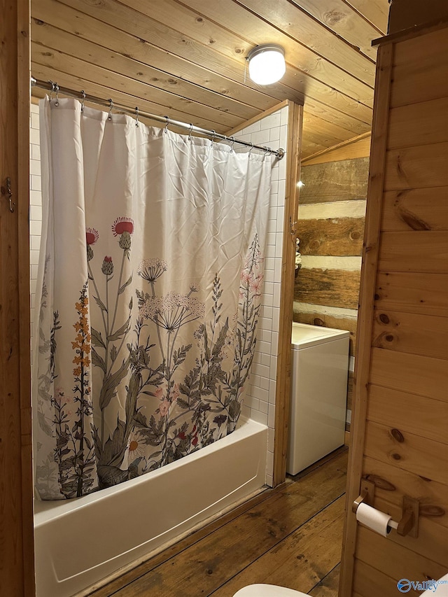 full bathroom with shower / bath combination with curtain, wood ceiling, wood-type flooring, and wood walls