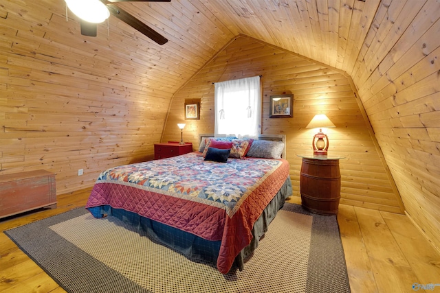 bedroom with wood-type flooring, a ceiling fan, vaulted ceiling, wood walls, and wooden ceiling