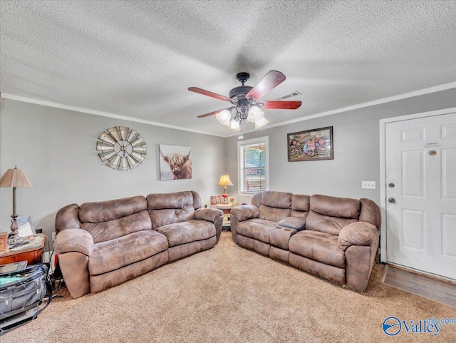 812 Mitwede St SW, Hartselle, AL 35640 - carpeted living room featuring ornamental molding, ceiling fan, and a textured ceiling