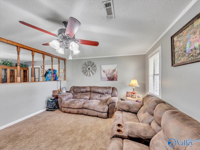 812 Mitwede St SW, Hartselle, AL 35640 - living room with a ceiling fan, a textured ceiling, carpet, ornamental molding, and baseboards