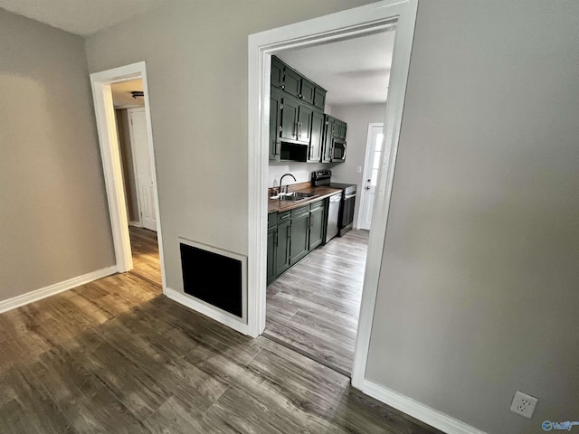 kitchen with wood-type flooring, sink, and stainless steel appliances