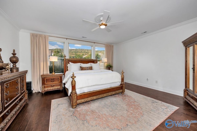 bedroom featuring ornamental molding, dark hardwood / wood-style floors, and ceiling fan