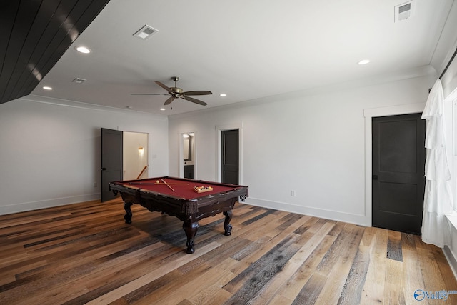 rec room with pool table, light hardwood / wood-style flooring, and ornamental molding