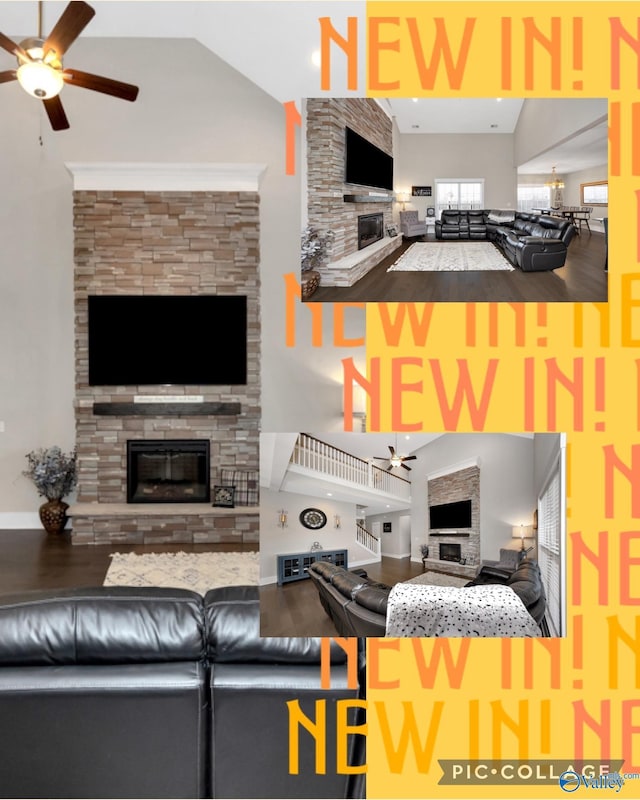 living area with vaulted ceiling, wood finished floors, a fireplace, and ceiling fan