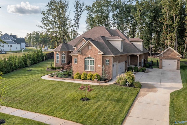 craftsman inspired home with driveway, an outdoor structure, a front yard, a shingled roof, and brick siding