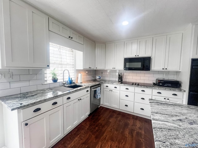 kitchen featuring sink, white cabinetry, dark hardwood / wood-style flooring, decorative backsplash, and black appliances