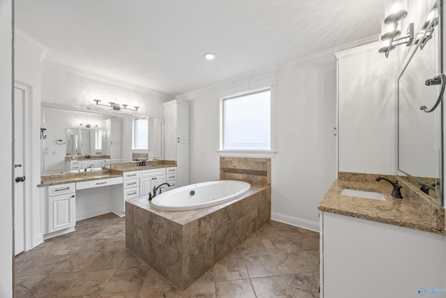 bathroom featuring vanity, a relaxing tiled tub, and ornamental molding