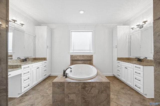 bathroom featuring crown molding, a relaxing tiled tub, and vanity