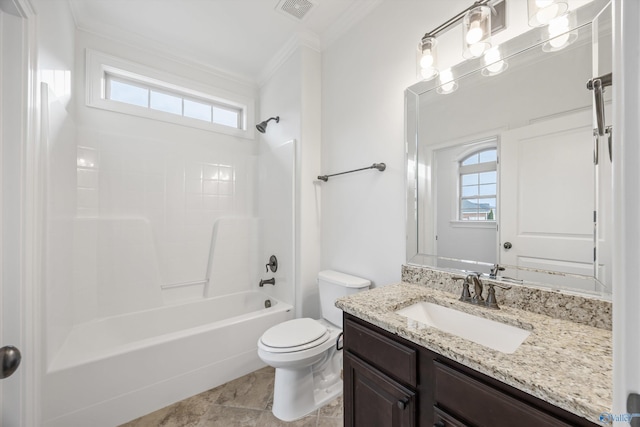 full bathroom with  shower combination, tile patterned flooring, vanity, ornamental molding, and toilet