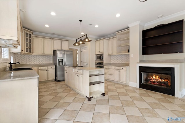 505 Barkley St SW, Hartselle, AL 35640 - kitchen with open shelves, stainless steel appliances, cream cabinets, ornamental molding, and a sink