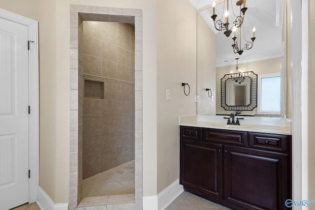 505 Barkley St SW, Hartselle, AL 35640 - bathroom featuring a chandelier, walk in shower, baseboards, vanity, and tile patterned flooring