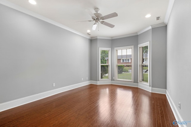 505 Barkley St SW, Hartselle, AL 35640 - empty room featuring baseboards, dark wood finished floors, a ceiling fan, crown molding, and recessed lighting