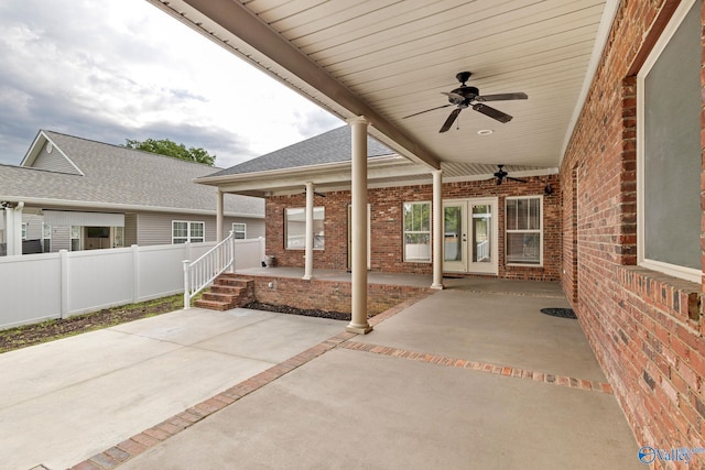 505 Barkley St SW, Hartselle, AL 35640 - view of patio / terrace with fence, a ceiling fan, and french doors