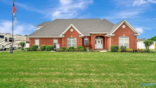 view of front of home featuring a front lawn, roof with shingles, and brick siding