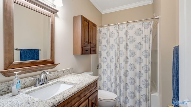 full bath featuring toilet, crown molding, and vanity