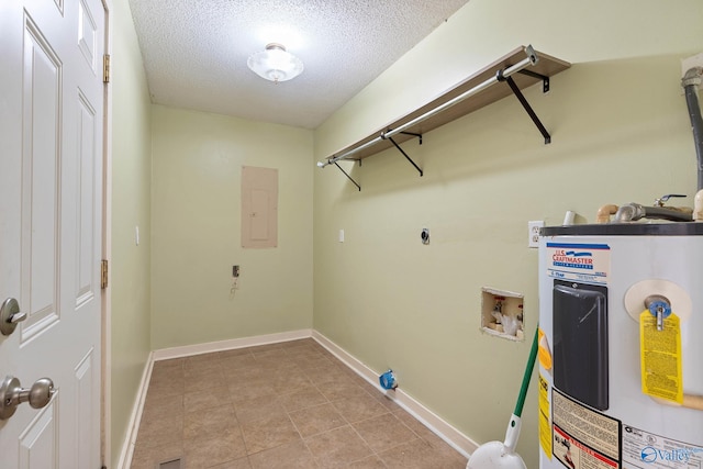 clothes washing area with washer hookup, a textured ceiling, electric panel, electric dryer hookup, and water heater