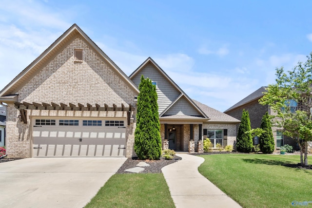 view of front of property featuring an attached garage, a front lawn, driveway, and brick siding