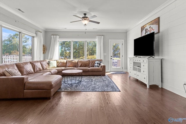 111 Starling Dr, Madison, AL 35756 - living area featuring wood finished floors, ceiling fan, crown molding, and visible vents