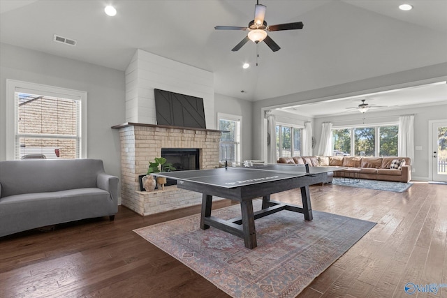 111 Starling Dr, Madison, AL 35756 - recreation room with a fireplace, wood finished floors, ceiling fan, and visible vents