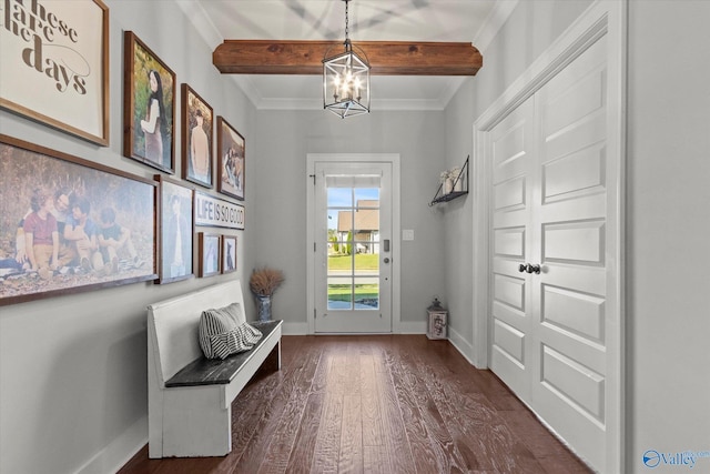 111 Starling Dr, Madison, AL 35756 - doorway to outside featuring beamed ceiling, a chandelier, crown molding, baseboards, and dark wood finished floors