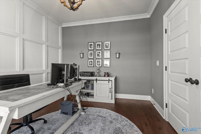 111 Starling Dr, Madison, AL 35756 - office space with crown molding, baseboards, a chandelier, and dark wood finished floors