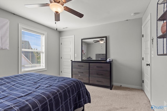 111 Starling Dr, Madison, AL 35756 - bedroom featuring a ceiling fan, visible vents, light colored carpet, and baseboards
