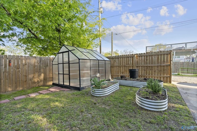 exterior space with an exterior structure, a fenced backyard, and an outdoor structure