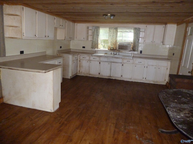 2308 County Road 458, Fort Payne, AL 35968 - kitchen with dark wood-style flooring, white cabinets, tasteful backsplash, wooden ceiling, and open shelves