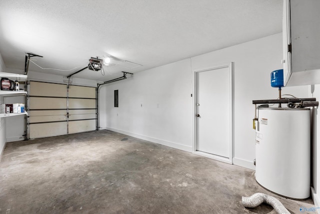 garage with a garage door opener and electric water heater