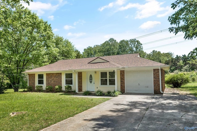 ranch-style house with concrete driveway, brick siding, a front lawn, and a garage