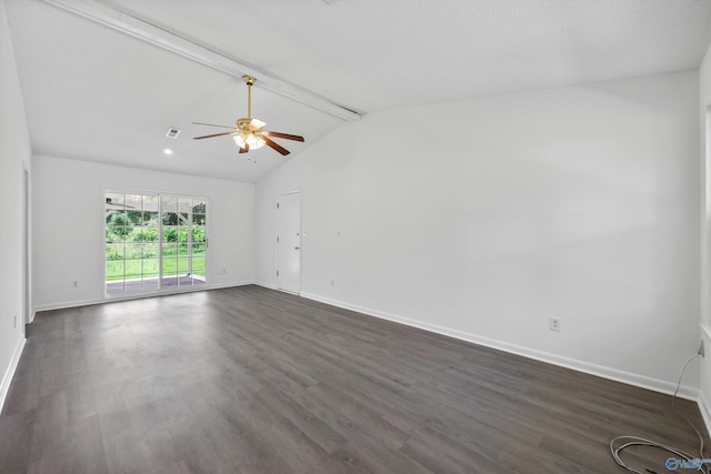 unfurnished room with vaulted ceiling with beams, baseboards, ceiling fan, and dark wood-style floors