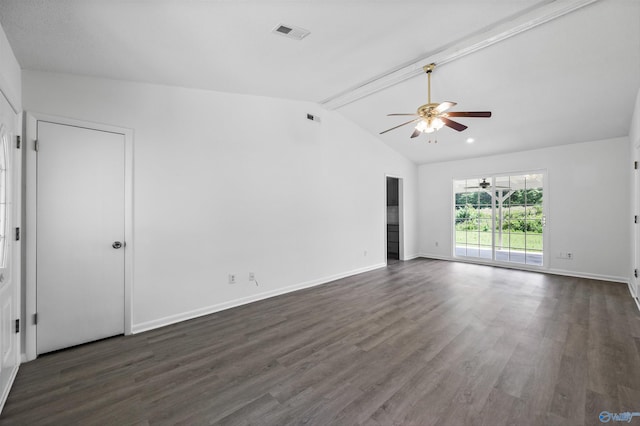 spare room with dark wood-style floors, ceiling fan, visible vents, and lofted ceiling with beams