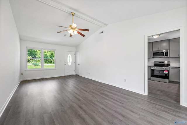 unfurnished living room with baseboards, lofted ceiling with beams, a ceiling fan, and dark wood-type flooring