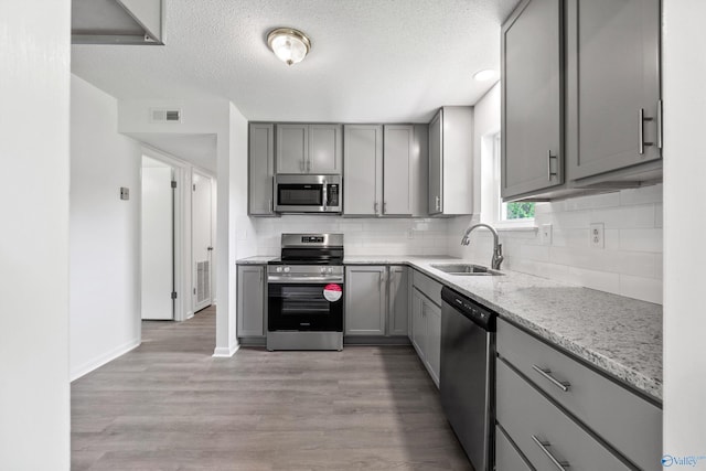 kitchen with a sink, gray cabinets, stainless steel appliances, decorative backsplash, and visible vents
