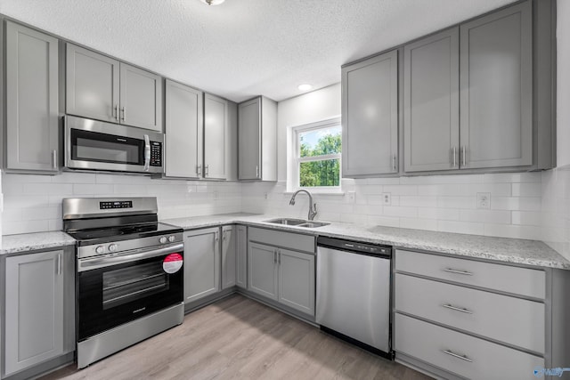 kitchen featuring light wood-type flooring, a textured ceiling, a sink, gray cabinetry, and stainless steel appliances