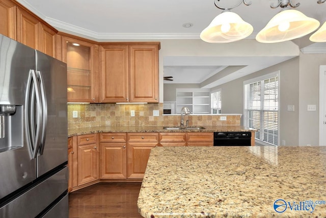 kitchen featuring a sink, decorative backsplash, ornamental molding, and stainless steel refrigerator with ice dispenser