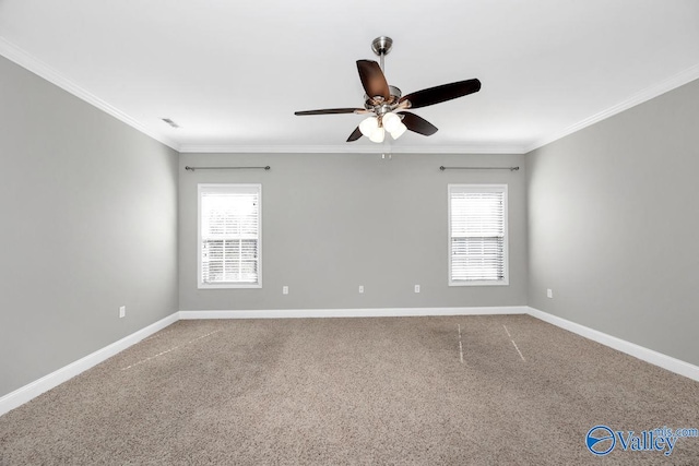 spare room featuring plenty of natural light, crown molding, and baseboards