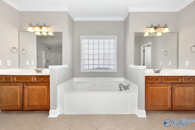 full bath with a shower stall, crown molding, two vanities, a bath, and tile patterned floors