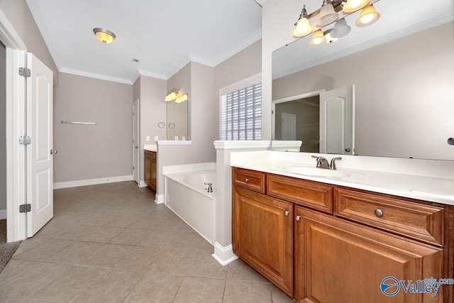 full bathroom with tile patterned floors, a garden tub, ornamental molding, baseboards, and vanity