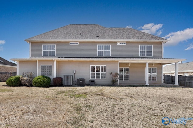 back of house featuring central air condition unit, a patio area, a ceiling fan, and fence