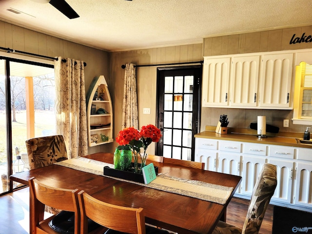 dining area with plenty of natural light, wooden walls, dark wood-style flooring, and a textured ceiling